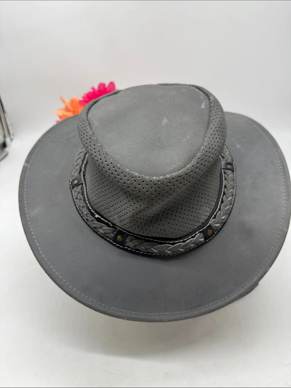 Wide Brim Perforated Faux Leather Outback Hat - Gray XL